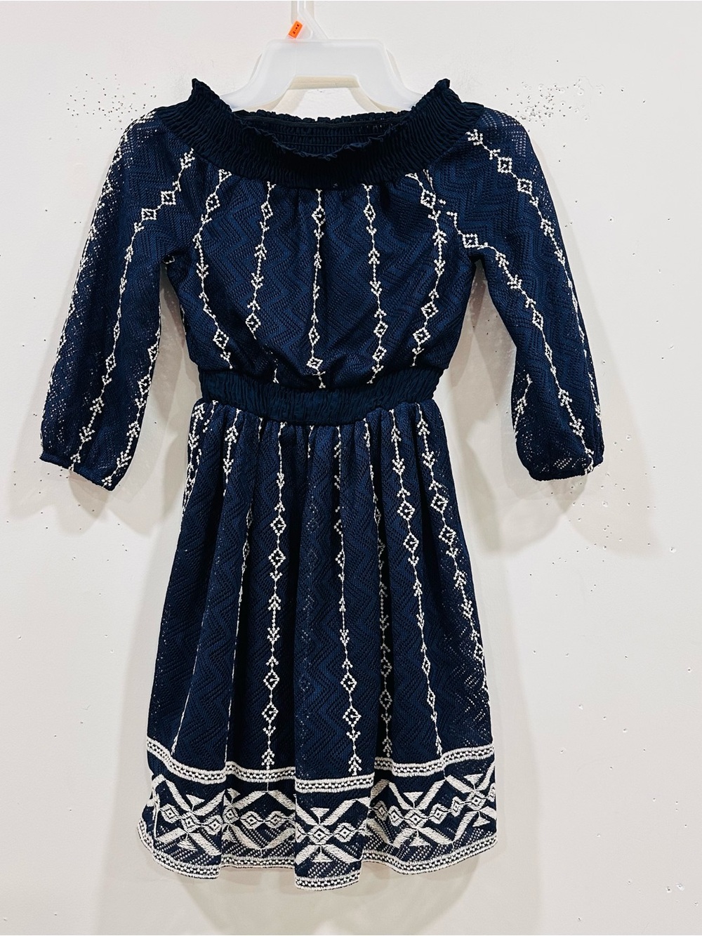 Bloome De Jeune Fille Navy Blue Embroidered Off-Shoulder Girls Dress Size 8